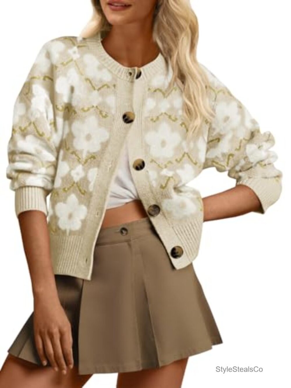 Womens Floral Knit Cardigan Long Sleeve Button Down Sweater